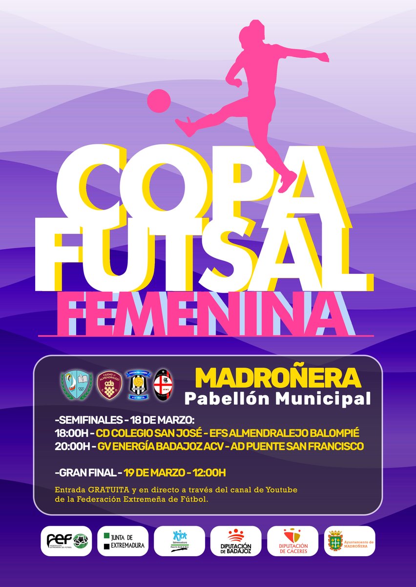 🥎 | #FútbolSala |

📢¡Recuerda! 📅Este fin de semana tienes una cita con el mejor futsal femenino. 📍Te esperamos en #Madroñera para disfrutar con la 🏆COPA DE EXTREMADURA.

✅Entrada gratuita y 📺EN DIRECTO a través de nuestro canal de Youtube.

#JugamosEnEquipo