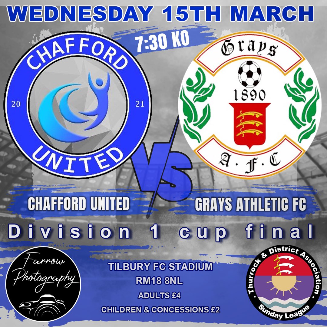 Wednesday 15th March 

Division 1 Final 
Chafford United vs Grays Athletic 
7.30pm KO

Cash and card payments accepted at Tilbury FC

Good luck to both teams <a href="/Jake24540784/">Chafford United</a> @GAFCSUNDAY