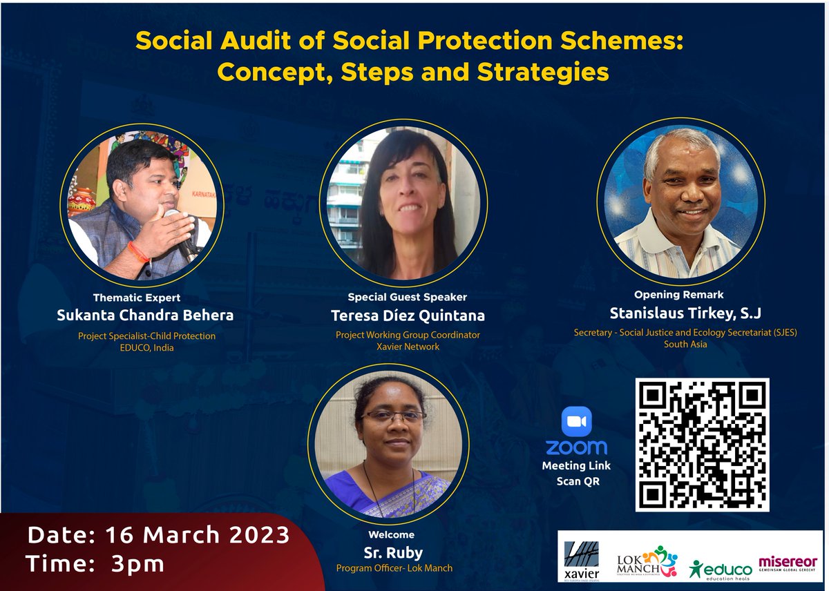 OfJesuit's tweet photo. Come and participate in the Zoom meeting on 16 March, at 3 pm (IST) where we'll discuss Social Audit of #SocialProtectionSchemes: Concept, Steps and Strategies
@xaviernetwork @Misereor @SJES_Rome @DigitalJesuits @JCED_Malawi @JesuitsGlobal @JesuitAlumni @socialjesuitas https://t.co/2mPvyBHQFQ