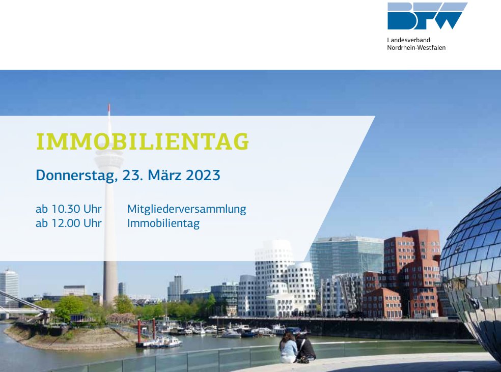 BFW__NRW's tweet photo. Beim #Immobilientag 2023 kommen #Immobilienwirtschaft, Politik, Verwaltung und Wissenschaft in #Düsseldorf zusammen, um über die Megatrends der Branche zu diskutieren und sich zu vernetzen.
Alle Infos hier: https://t.co/6UpUs6ljr9 
#bfwnrw

(🖼️: janvier – https://t.co/hCGvPCxEqN) https://t.co/5EX8jChP0H