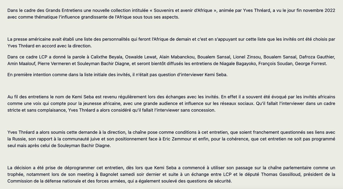 C’est du moins ce qui ressort d‘un mail de justification envoyé par <a href="/LCP/">LCP</a> après la déprogrammation de l’émission de Kemi Seba. Ce sont donc les précités, françafrique compatibles, qui seront sur leur plateau pour parler de nous. Après ils s’étonnent de leur rejet par les Africains