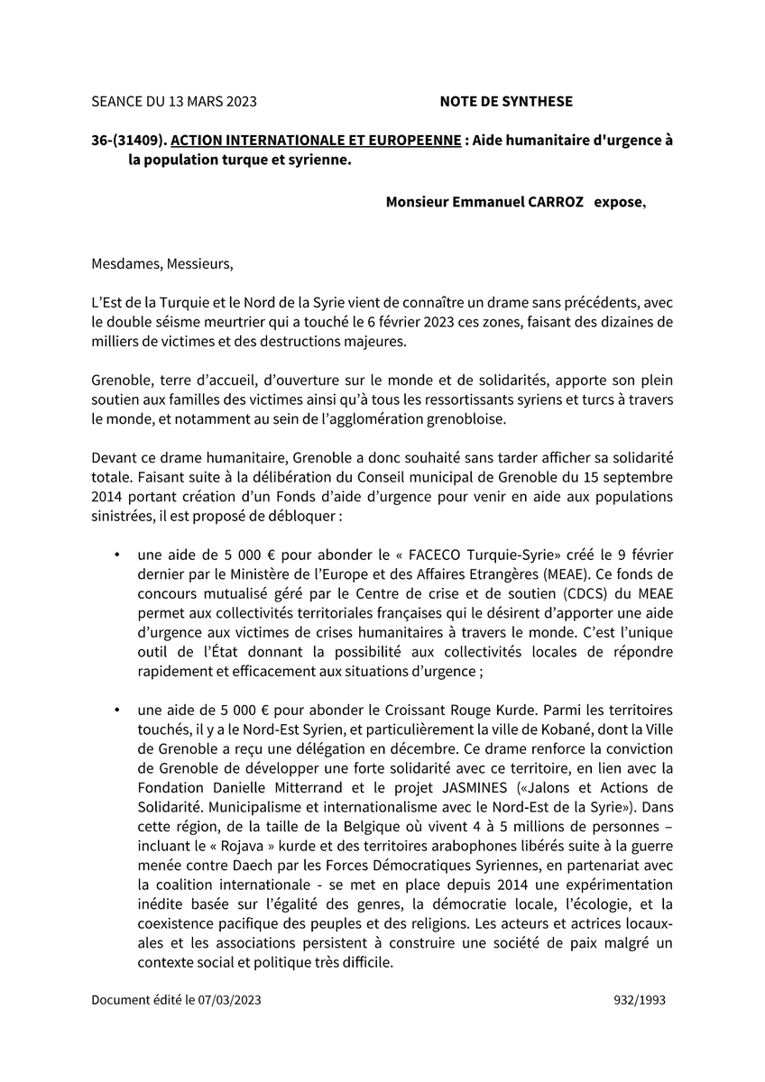 abkgrenoble's tweet photo. Hier en #CMGrenoble, notre camarade @EmmanuelCarroz a porté la participation de la @VilledeGrenoble à l'aide humanitaire d'urgence aux populations turque et syrienne, suite au terrible tremblement de terre du 6 février.
💶➡️https://t.co/lY4K0t9OVK✌️🌄
#FACECO #RojaSor #Kurdistan https://t.co/4nvHzfehag