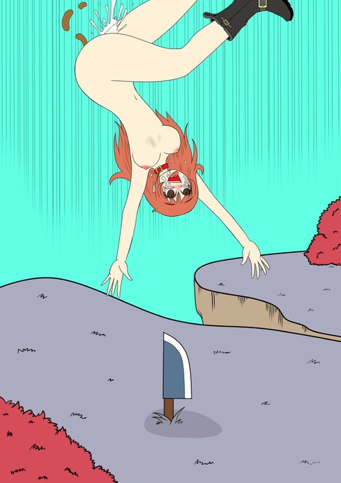 タケコプターを装着して気持ち良く全裸で飛んでいたらポロリと外れて恐怖のあまり脱糞と失禁しながら落下した先に包丁が落ちていて絶体絶命の女の子の図。 