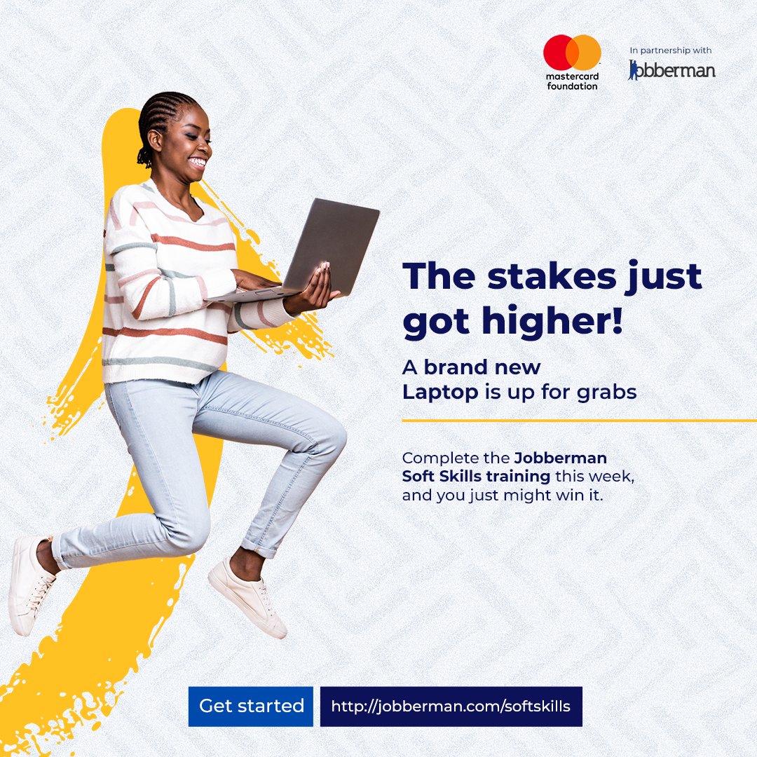 Jobbermandotcom's tweet image. Ready to enhance your skills and win a brand new laptop?
Join the Free Jobberman Soft Skills Training on Zoom this Thursday at 12pm and you just might win it!

Get Started: fal.cn/3wyMC

#JobbermanSoftSkillsTraining #JobbermanSoftSkills #LearnAndWin