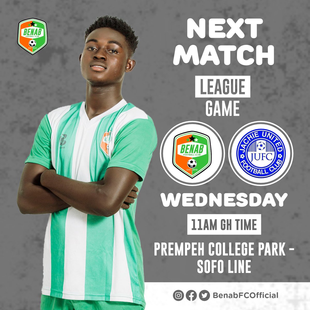 NEXT UP 🔴🟢⚪️ The games are coming thick and fast. We continue our #FACup run this Wednesday. 🆚 Jachie United ⌚️ 11: 00 am 🏟 Prempeh College Park (Sofoline) 🏆 FA Cup qualifiers #BENAB #everythingbygod