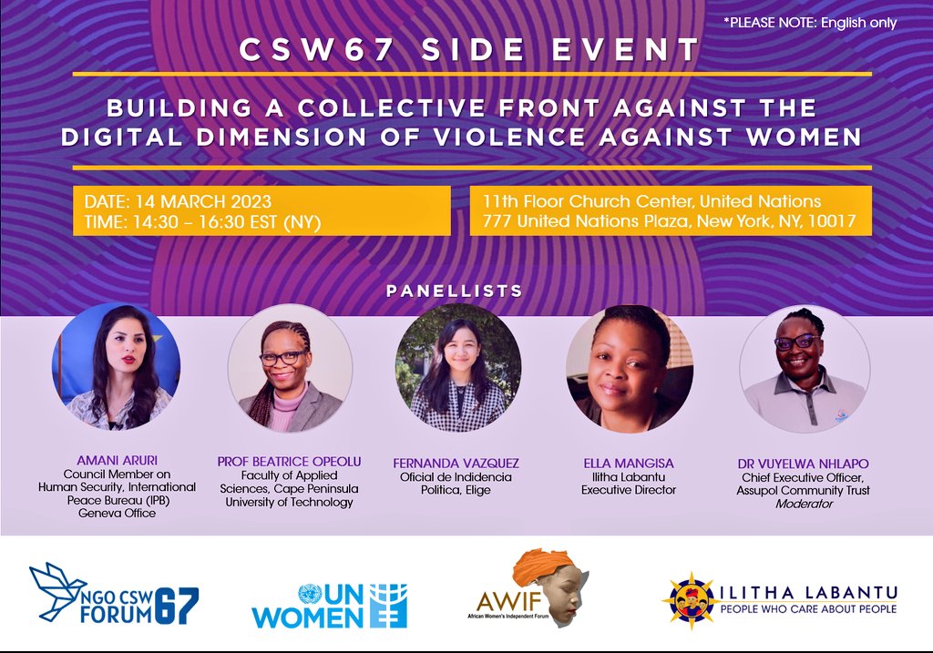 Ilitha Labantu (@ilithalabantu) on Twitter photo Reminder: <a href="/IlithaLabantu/">Ilitha Labantu</a> in partnership with AWIF will be hosting a parallel event themed “Building a collective front against the digital dimension of violence against Women”.
14 March 2023 | 2:30pm EST (NY Time) | 11 Floor Church Center
Zoom link: us02web.zoom.us/j/81638245536?… Reminder: <a href="/IlithaLabantu/">Ilitha Labantu</a> in partnership with AWIF will be hosting a parallel event themed “Building a collective front against the digital dimension of violence against Women”.
14 March 2023 | 2:30pm EST (NY Time) | 11 Floor Church Center
Zoom link: us02web.zoom.us/j/81638245536?…