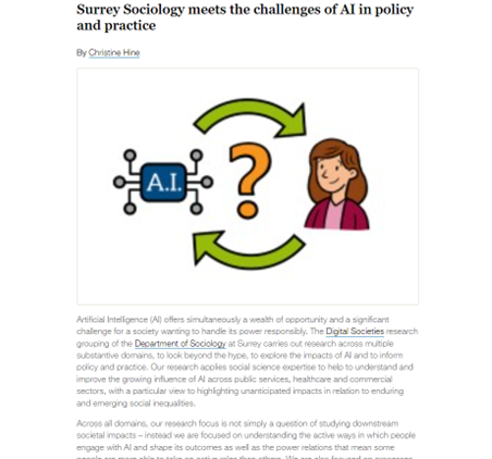 'Surrey Sociology Meets the Challenges of AI in Policy and Practice' - new blog by Christine Hine on <a href="/SurreySociology/">Surrey Sociology</a>'s Digital Societies research group &amp;  research work on #AI across increasing range of topics blogs.surrey.ac.uk/sociology/2023…
