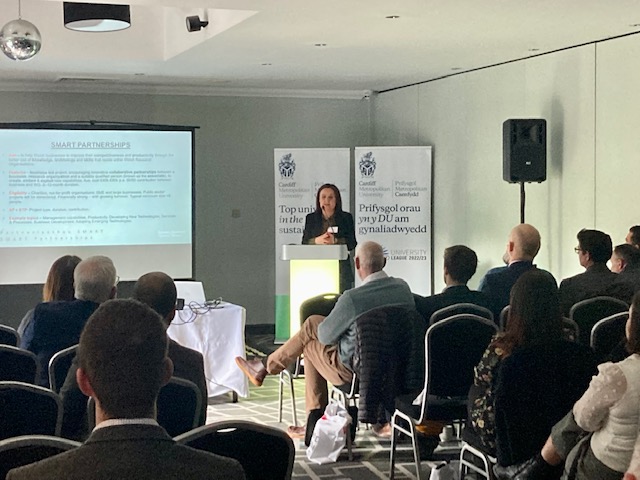 CardiffMetRIS's tweet image. Natalie Crawley @WG_Innovation talks about how SMART Partnerships help Welsh businesses improve their competitiveness and productivity through the better use of knowledge, technology and skills that reside within Welsh Research Organisations 
#SparkingCollaboration @USWExchange