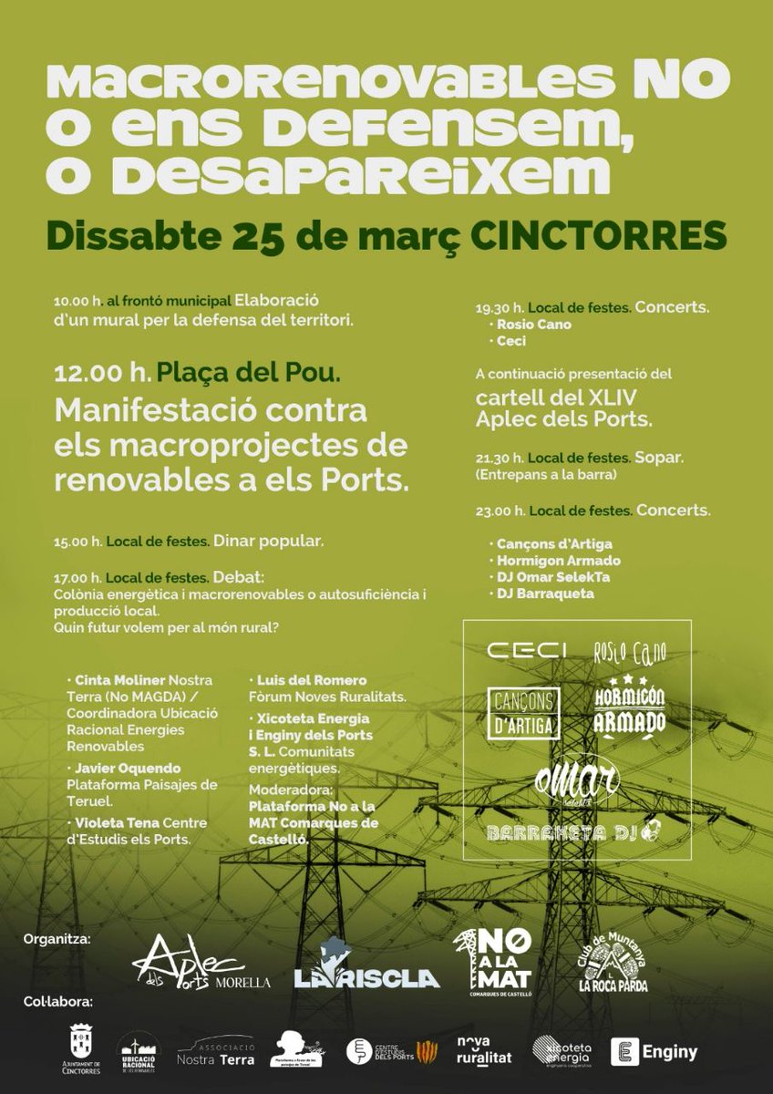 ubiracional's tweet photo. Jornada: Macro renovables No; O ens defensem, o desapareixem

📅 Dissabte 25 de Març
📍Cinctorres
🕑Des de les 10:00 fins les 23:00h

Vos esperem! 🌳⚡️ https://t.co/USArx96LIl