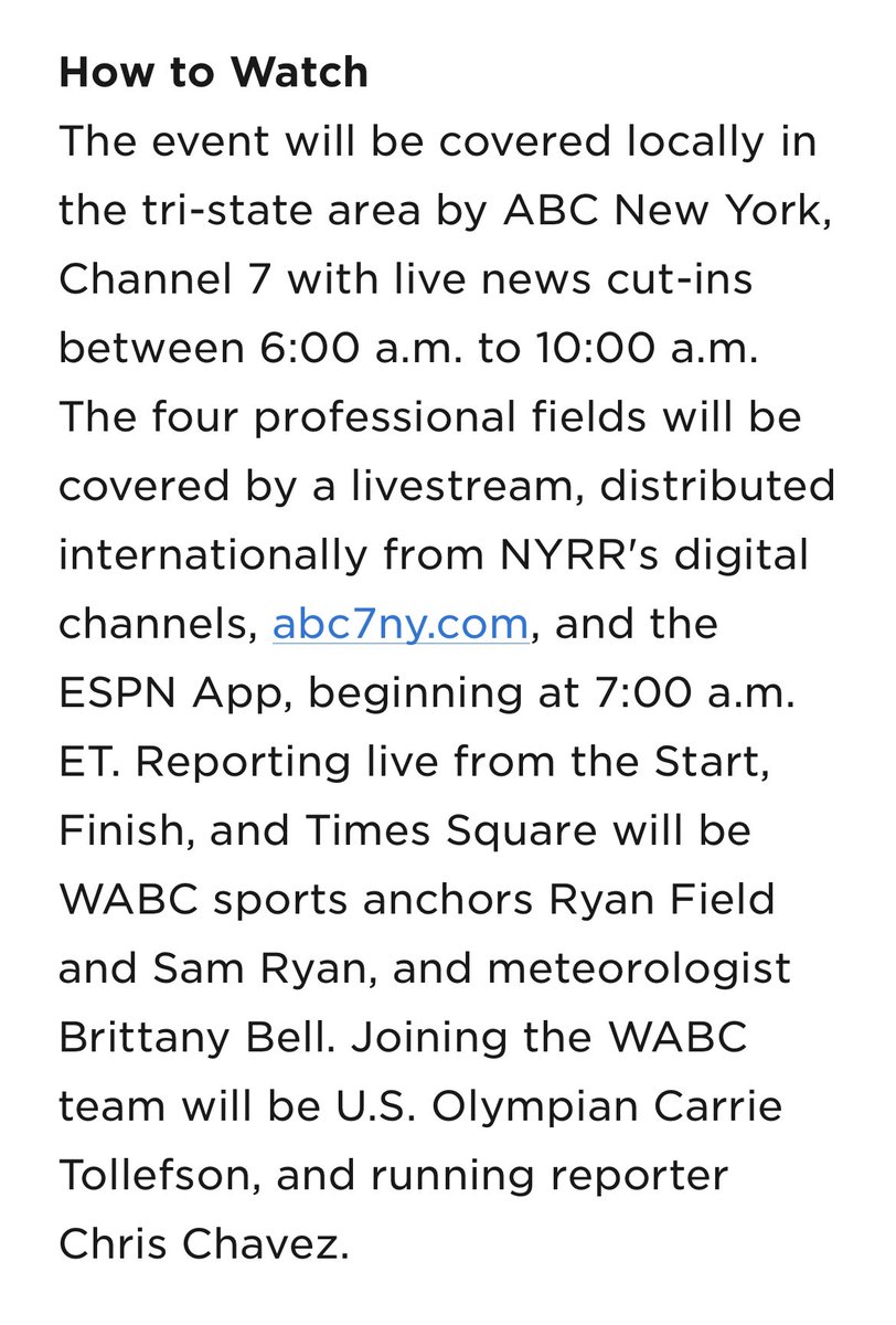 I’ll be back on the mic for @nyrr, @ABC7 and @espn this weekend alongside @RyanFieldABC, @SamRyanABC7, @BrittanyBellWX and @CarrieTollefson calling the star-studded NYC Half on Sunday! 📺 ABC New York Channel 7 between 6-10 am 💻Stream on the ESPN app at 7 am DETAILS ⤵️
