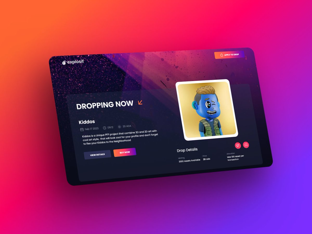 Dropping Now ↙️
🚸<a href="/KiddosCNFT/">｜ Kiddos ｜</a> 
🪙Price: 20 ADA
ℹ️About: Kiddos is a Unique PFP project that combines 3D &amp; 2D art with a cool art style that will look amazing for your profile, don't forget to flex your Kiddos to the Neighborhood!

#CNFT #Kiddos #NFT #NFTMinting #ADA $ADA