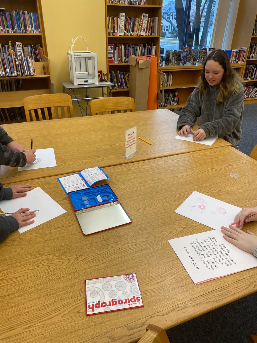 DedhamMSLibrary's tweet image. It’s Pi Day! We are reading a story and playing with math! Spirographs, Sue Cumfrence and the Dragon of Pi, and Pi bead bracelets.