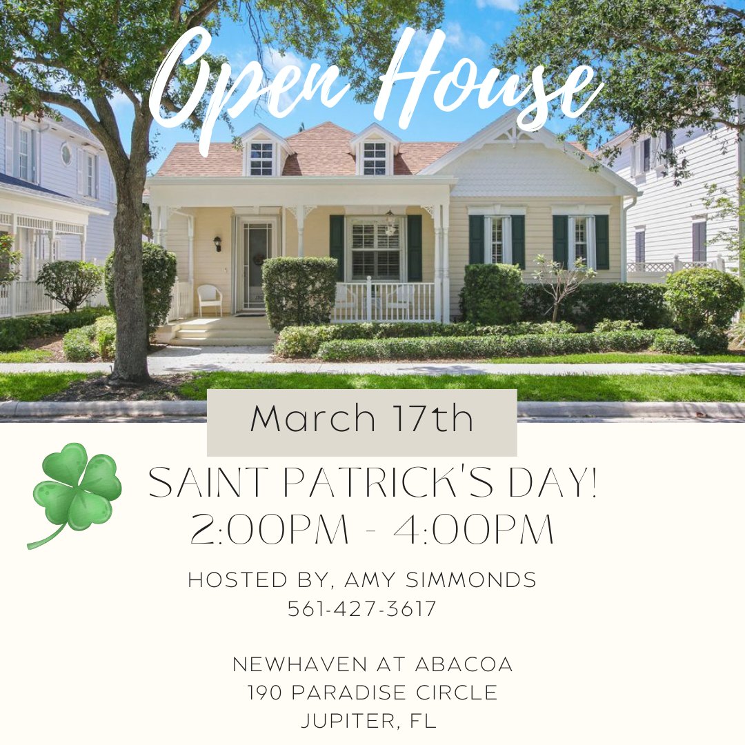 SimmondsTeam's tweet image. Join us this Friday, Mar 17th 2-4pm to preview our NewHaven at Abacoa listing - 190 Paradise Cir, Jupiter FL! Charming 3 bed, 2.5 bath home with renovated master bath, updated kitchen, plantation shutters, new roof and so much more! Light refreshments will be served! #OPENHOUSE