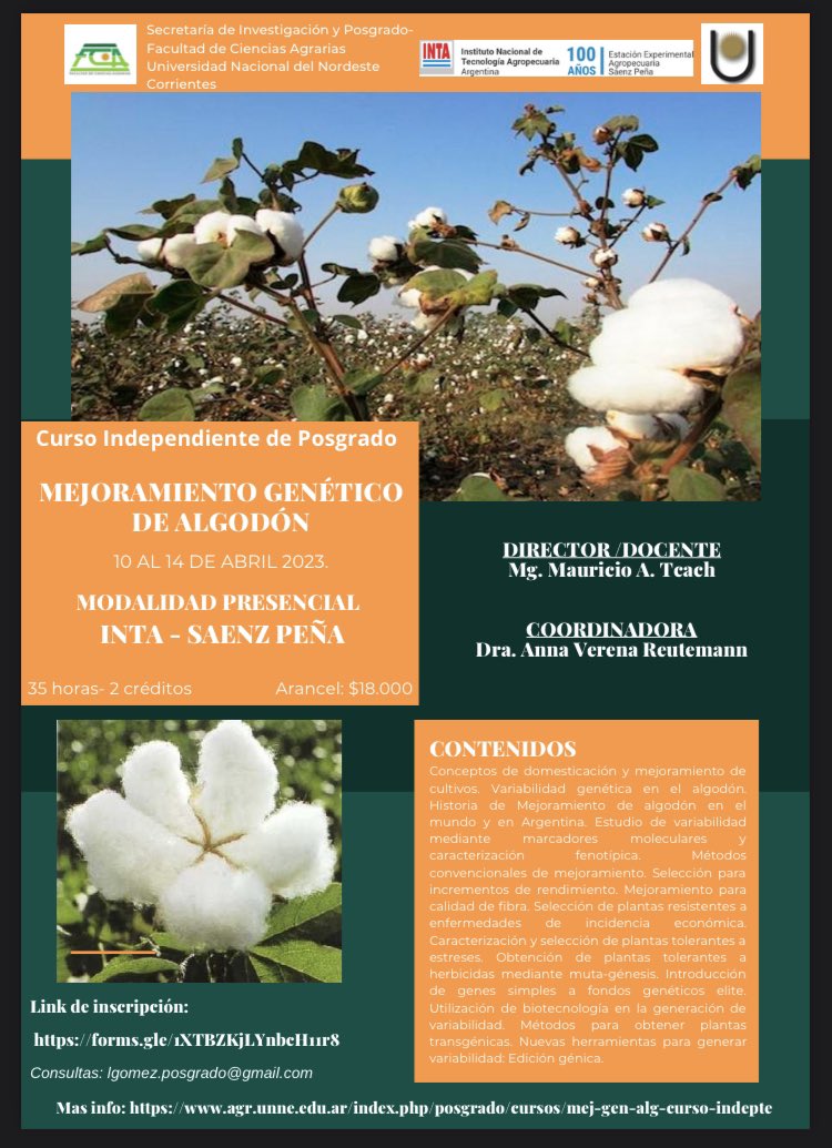VerenaReutemann's tweet image. 🆕 Inscripción Abierta al curso de #mejoramiento en #algodón 
☁️🌱🧑‍🌾

A realizarse en la EEA Roque Saenz Peña del @intaargentina 

Agradezco si pueden difundir!!🔁🗣️