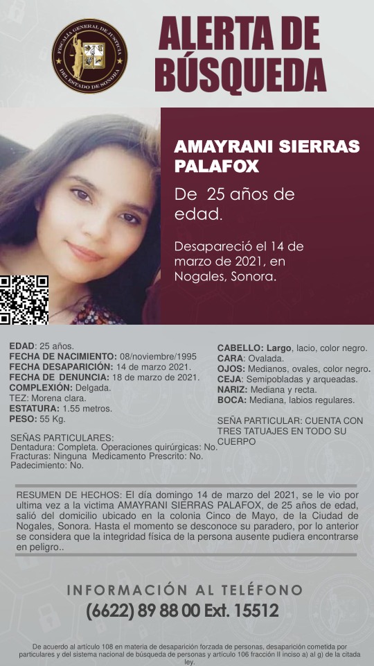 fgjesonora's tweet photo. 🟤 Se reactivan cédulas de búsqueda en #Nogales. 

Solicitamos su apoyo para la socialización de estas cédulas de búsqueda, para localizar a, AMAYRANI SIERRAS PALAFOX, de 25 años de edad y a CARLOS FIDEL SIERRAS NORIEGA de 47 años. 1/2 https://t.co/Zdr7SLWVOc
