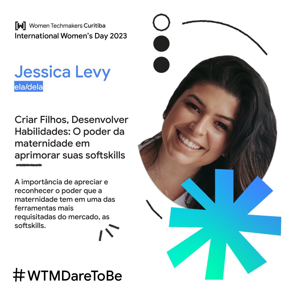 A terceira palestrante do IWD'23 chegou! 🎉
 
A Jessica é UX e estrategista. Tudo que faz é pra mostrar pra sua filha que quando se tem dedicação podemos alcançar qualquer coisa. 🥰
 
O IWD Curitiba acontecerá no dia 18/03 na Wiley.
📍Av. Mariano Torres, 729 - 9° andar