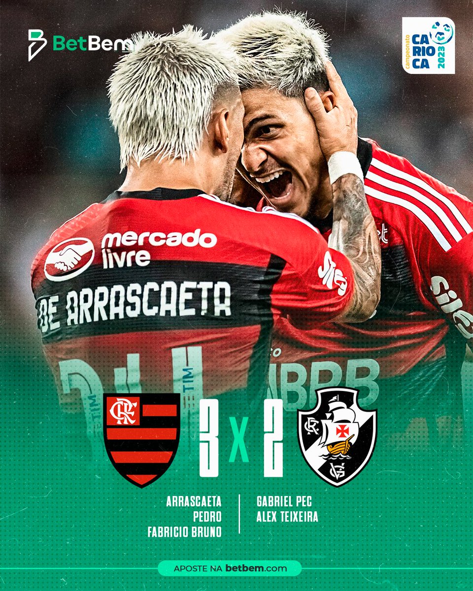 BetBem's tweet photo. Flamengo e Vasco se enfrentaram no Maracanã, o Cruzmaltino começou ganhando no placar, porém o Mengão foi pra cima e conseguiu a vitória por 3x2. 

#Flamengo  #VascoDaGama #FlamengoxVasco #Vasco #arrascaeta #gabrielpec #CampeonatoCarioca https://t.co/KulyOy7TMx