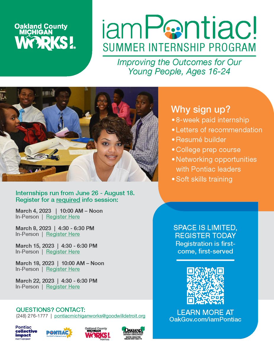 MIWorksPontiac's tweet image. Looking for a summer internship program? iamPontiac Summer Internship Program might be the program for you! Internships run from June 26-August 18. There is still time to register for a required info session. #iamPontiac #SummerInternshipProgram