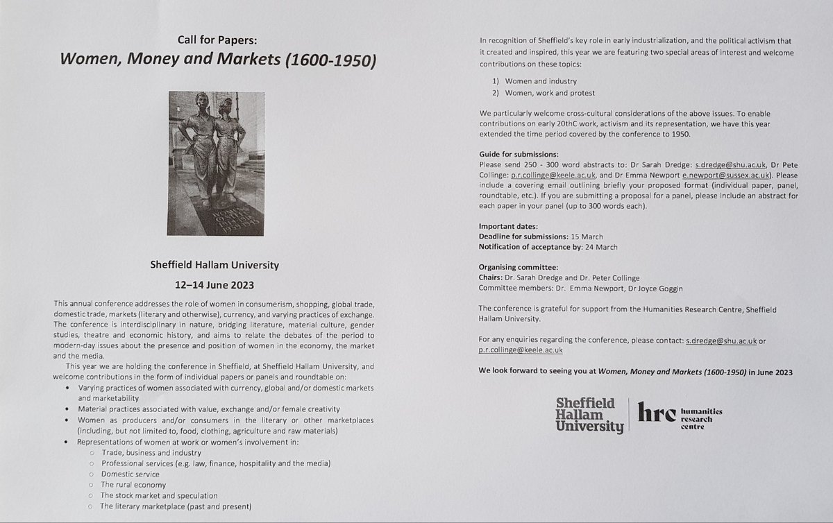 As the CfP deadline for Women, Money and Markets tomorrow coincides with a strike day  we are happy to receive abstracts over the next few days. @BARS_official @BAVS_UK @BAVS_UK @BSECS @WomensHistNet @WSGUK @CECSYork #twitterstorians @nemnetwork_ @ahrcpoorlaw @CESKings @qmcecs