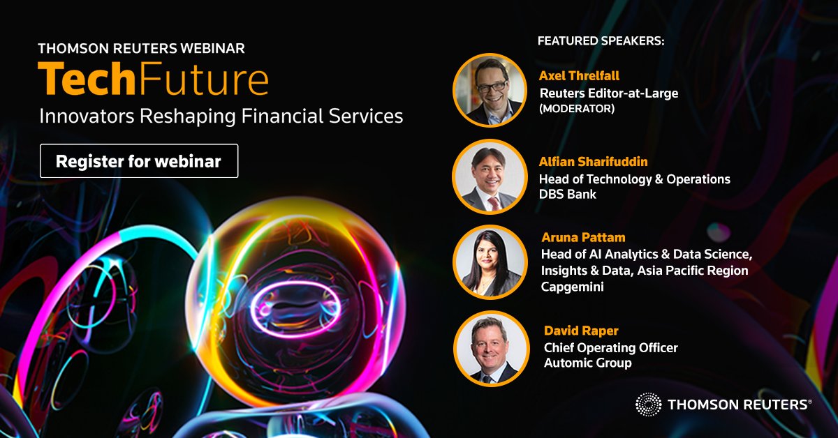 Excited to host this TechFuture webinar for Thomson Reuters - Innovators Reshaping Financial Services. Do join us April 4. corporate.thomsonreuters.com/TechFuture-Fin…