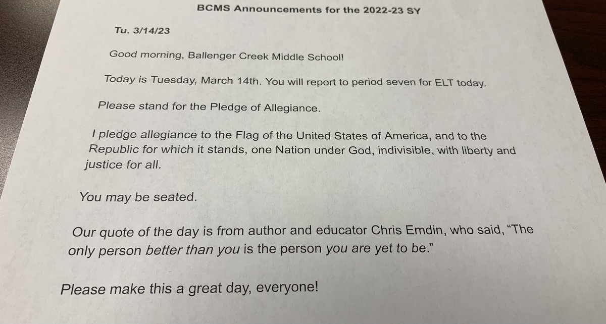 Jay_Schill's tweet photo. A shout out to ⁦@ijkelleher⁩ for sharing the best quote I’ve heard in a long time—it’s from ⁦@chrisemdin⁩: “The only person better than you is the person you are yet to be.” All BCMS students heard it this morning—please pass it on!! https://t.co/MIW70xJVZb