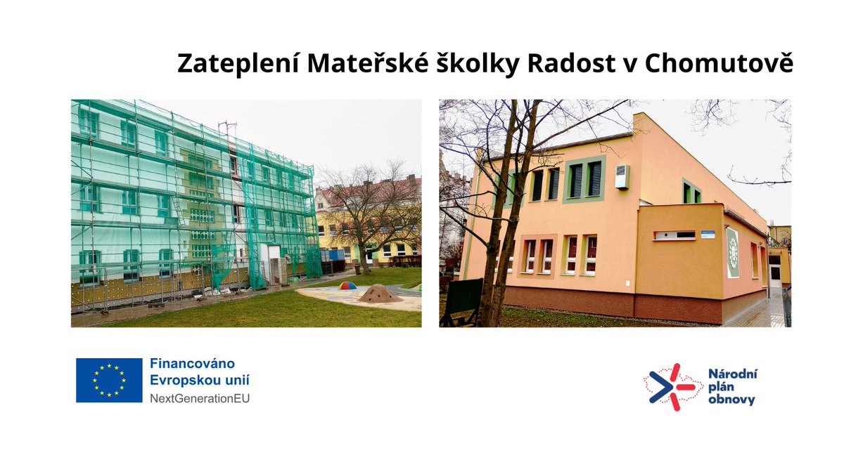 Ukázka projektu realizace opatření na více budovách dohromady. Mateřská školka Radost v Chomutově zatepluje. Budova A je již zateplená a na budově B se právě pracuje. Podpořeno z výzvy – Energetické úspory veřejných budov v programu #NPŽP <a href="/NPO_CZ/">Národní plán obnovy</a>.