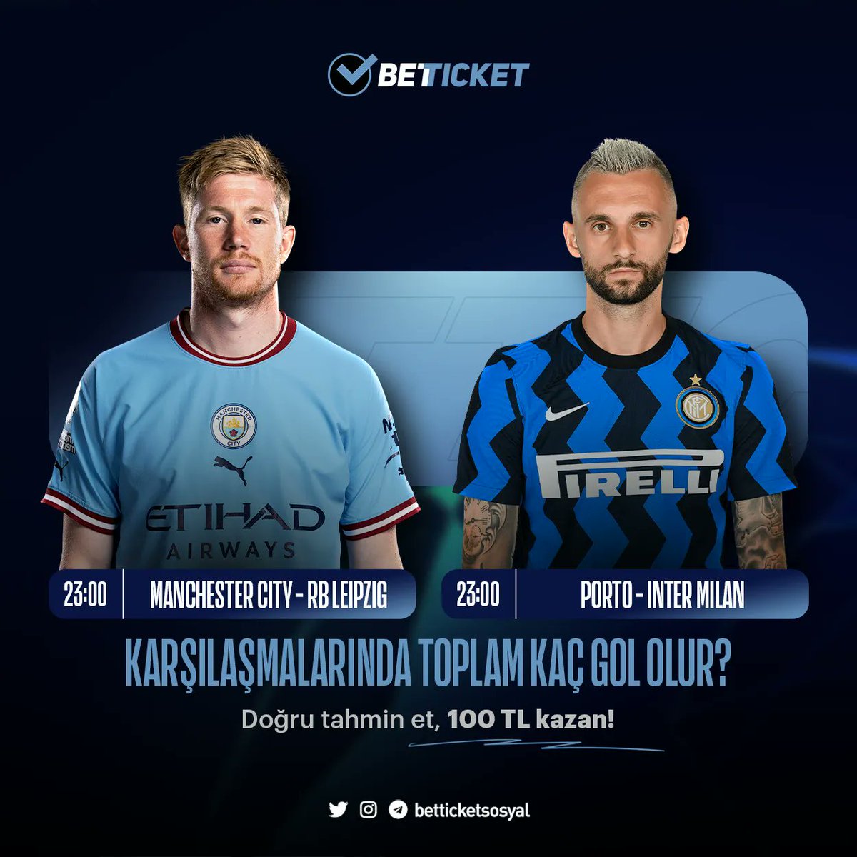 🤩100 TL Kazanmak İster Misin?

⚽️23:00 | Manchester City - RB Leipzig
⚽️23:00 | Porto - Inter Milan

Karşılaşmalarda ilk golü hangi takım atar? 

💸Doğru bil, 100 TL kazanma fırsatı yakala!

🟢Son 3 günde min. 50 TL yatırım ve RT'yi unutma!

 Katılım: buff.ly/3la4EPy
