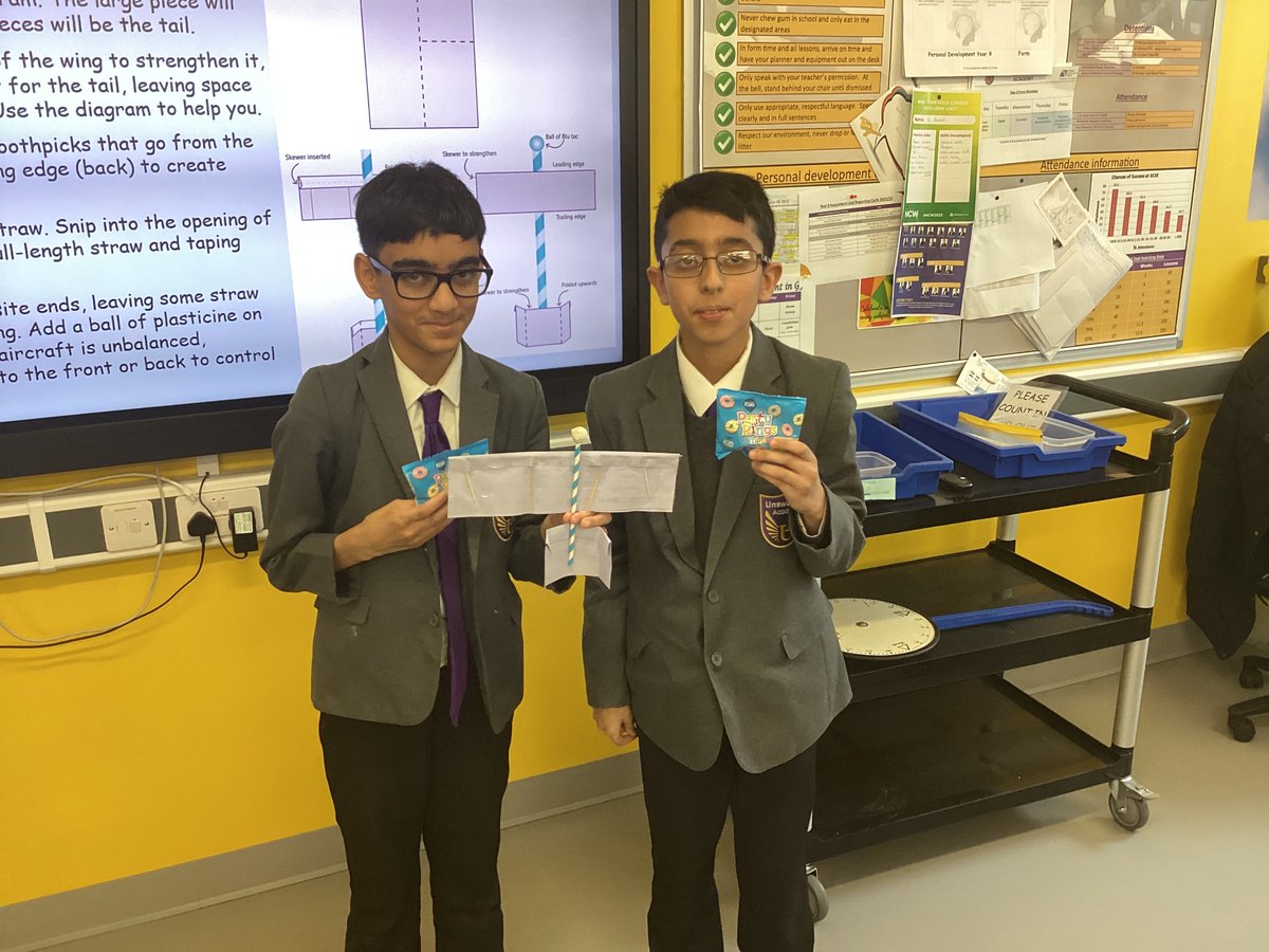UnsworthAcademy's tweet photo. Congratulations to our Year 8 Brooklands Gliders competition winners🏆🛩️! Good job😁! #UnsworthScience #BritishScienceWeek2023 https://t.co/SgYIzQCfGv