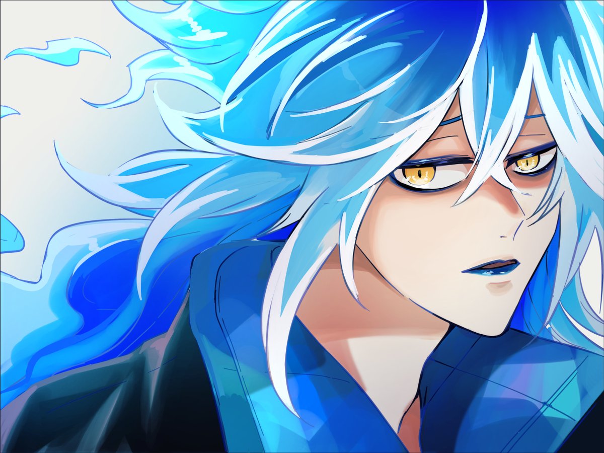 1boy male focus long hair fiery hair yellow eyes blue lips solo  illustration images