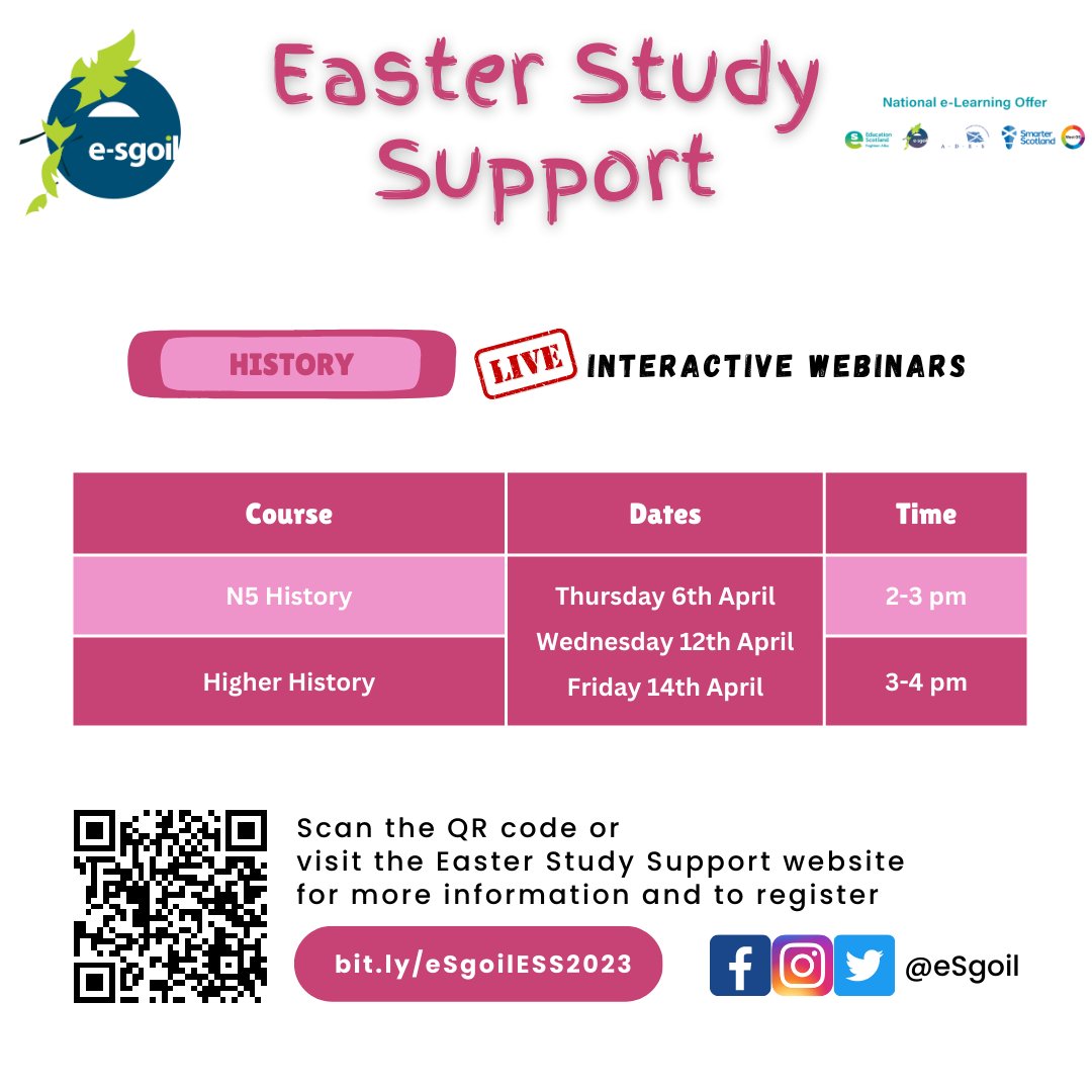 eSgoil's tweet photo. Live study support webinars for Geography, History &amp; Modern Studies will be running on the days &amp; times noted on the timetables attached. 
All subjects here: 
https://t.co/hGcza6gQwk 
These are handy for departments to print out for learners to find out more &amp; sign up 
#NeLO https://t.co/P1YyNj7pYL