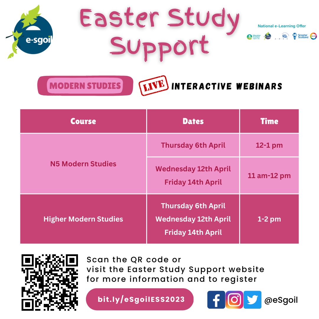 eSgoil's tweet photo. Live study support webinars for Geography, History &amp; Modern Studies will be running on the days &amp; times noted on the timetables attached. 
All subjects here: 
https://t.co/hGcza6gQwk 
These are handy for departments to print out for learners to find out more &amp; sign up 
#NeLO https://t.co/P1YyNj7pYL