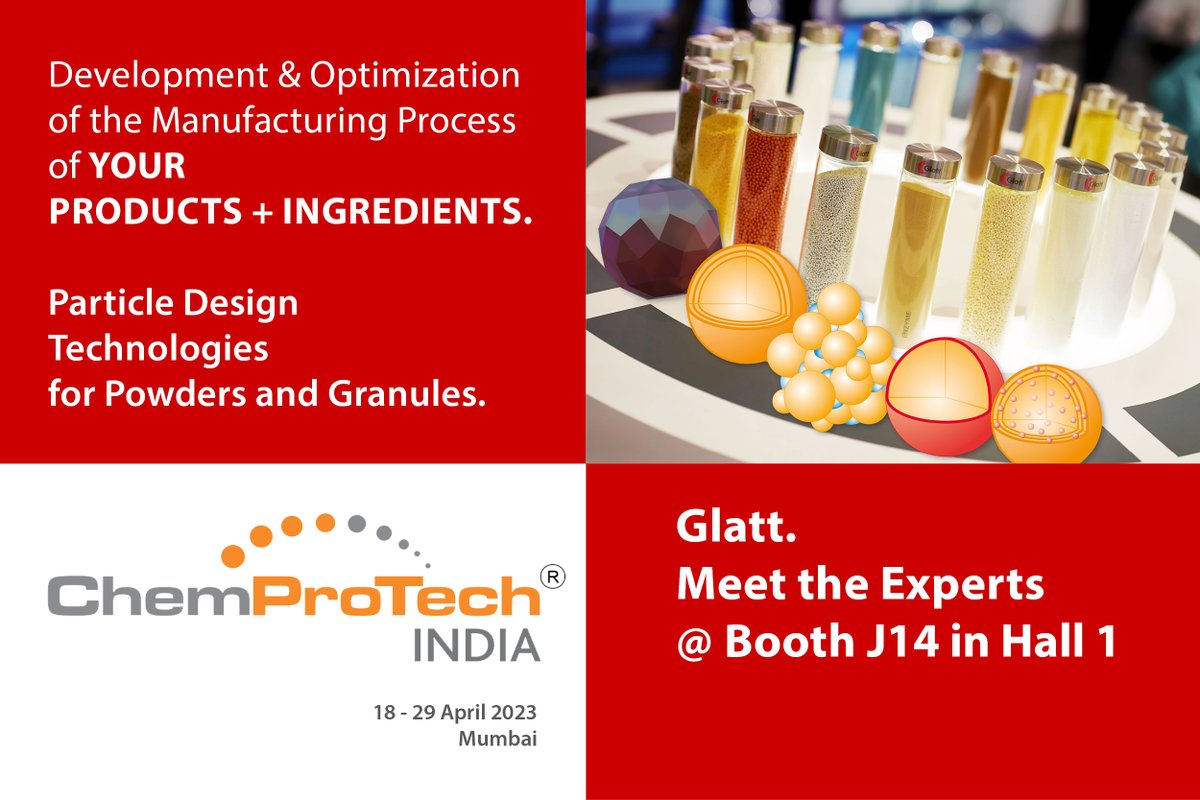 glatt_group's tweet photo. Visit us at booth J14 in hall 1 at ChemProTech India and chat with our experts to understand how we can support you.
We look forward to meeting you there!
#powders #granules #fluidbedtechnology #spoutedbedtechnology #particledesign #glatt @ChemExpoIndia
https://t.co/Y2TGPA0Zgz https://t.co/fBB0djL6fv