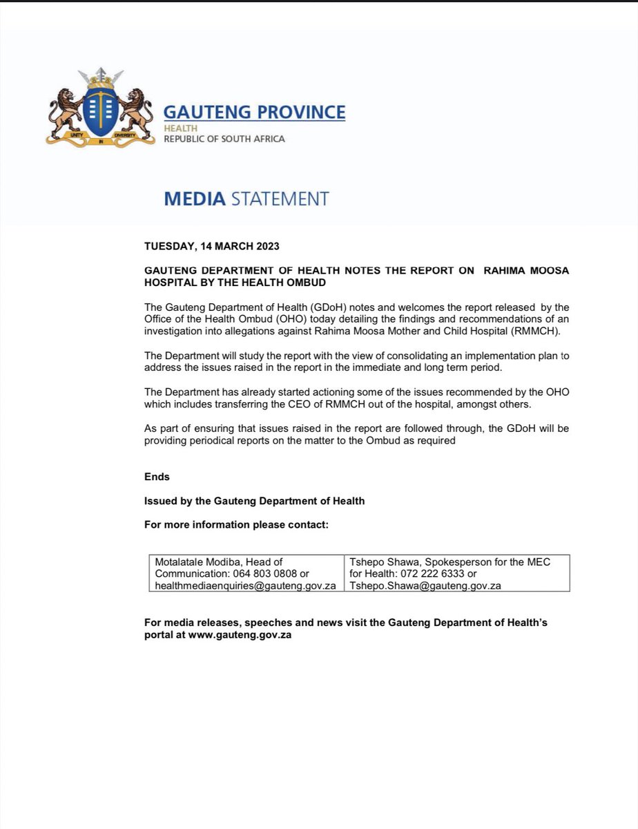 MEDIA STATEMENT || GAUTENG DEPARTMENT OF HEALTH NOTES THE REPORT ON RAHIMA MOOSA HOSPITAL BY THE HEALTH OMBUD