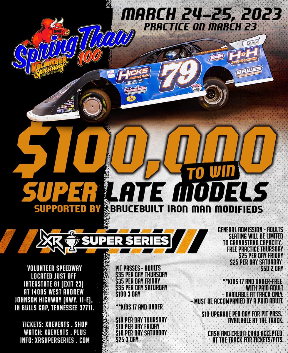 AnnouncerCody's tweet photo. NEXT UP: 
@xrsuperseries / @TheGap_VolSpdwy 
#SpringThaw100 for $1⃣0⃣0⃣,0⃣0⃣0⃣‼️
📅March 23 - 25 in Bulls Gap, TN 

Hope to see you there!! https://t.co/tuSbKrkiPw