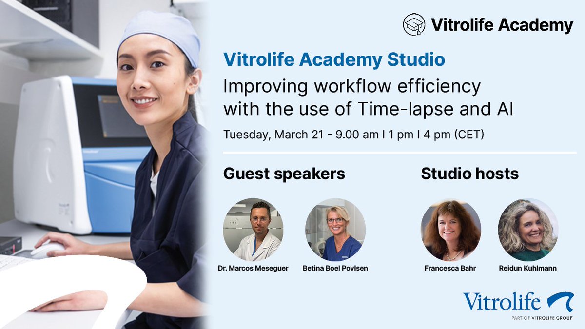 VitrolifeIVF's tweet photo. Register for our studio, “Improving workflow efficiency with the use of Time-lapse and AI”
📅 Register now: https://t.co/FRuyc1h12l
#Vitrolife #IVF #VitrolifeAcademy #Timelapse #EmbryoScope #AI #artificialintelligence #fertilitytreatment #embryology #embryoculture #VitrolifeGroup https://t.co/TM1hcQR3fT