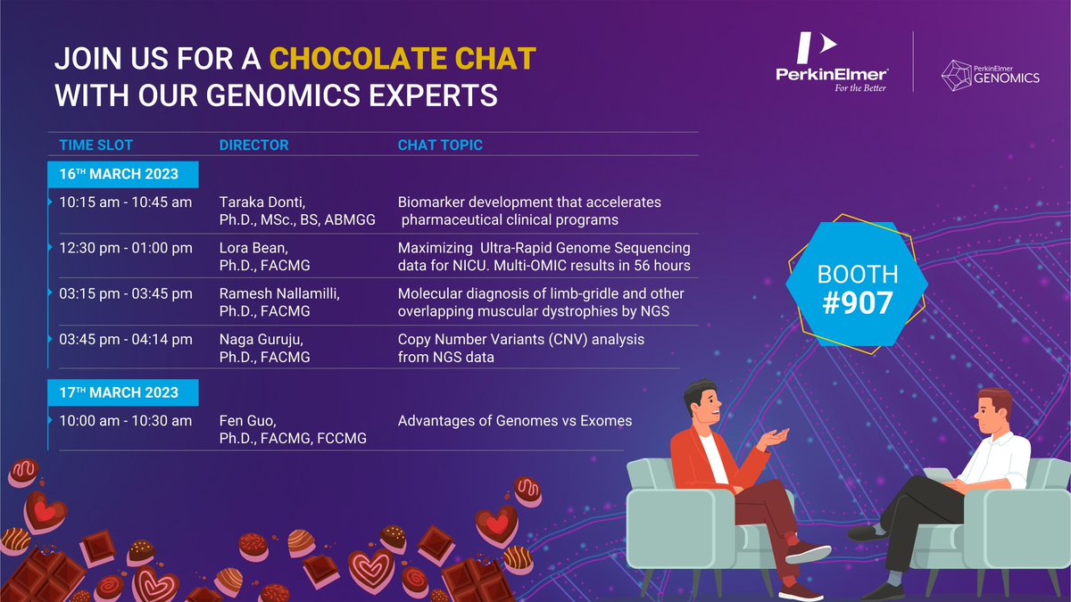 Grab some #chocolates while chatting with #PerkinElmerGenomics experts and learn about the vast range of testing solutions we offer. Visit booth #907 
#ACMG2023