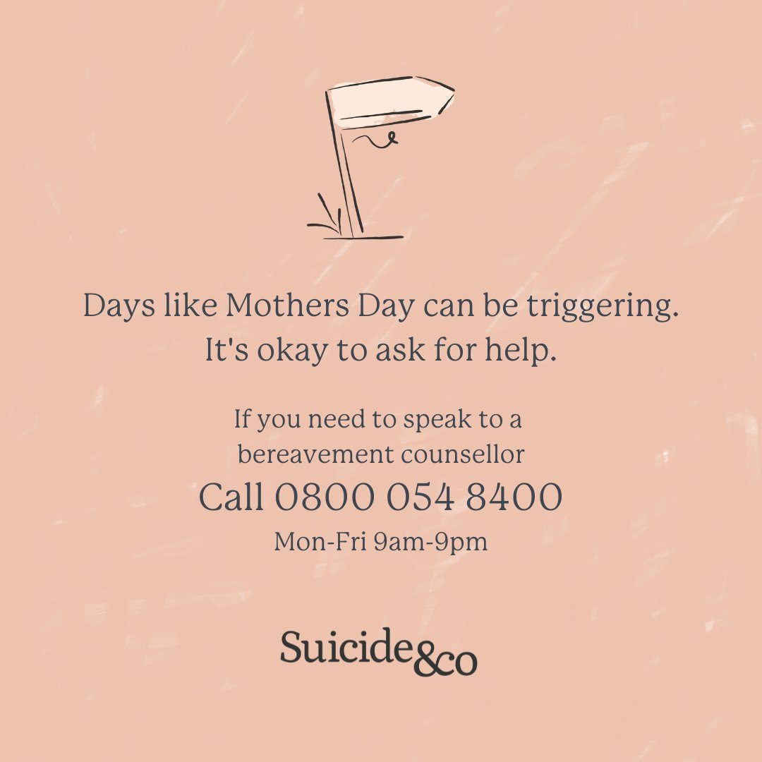 suicideandco's tweet photo. With Mother's Day this weekend, we wanted to remind you of our helpline. We know big moments like this can be triggering.
If you're struggling with your grief in the lead-up to Mother's Day, our Helpline is open Mon-Fri, 9-9, and you can speak to a counsellor on 0800 054 8400. https://t.co/zxMRQpOHD1