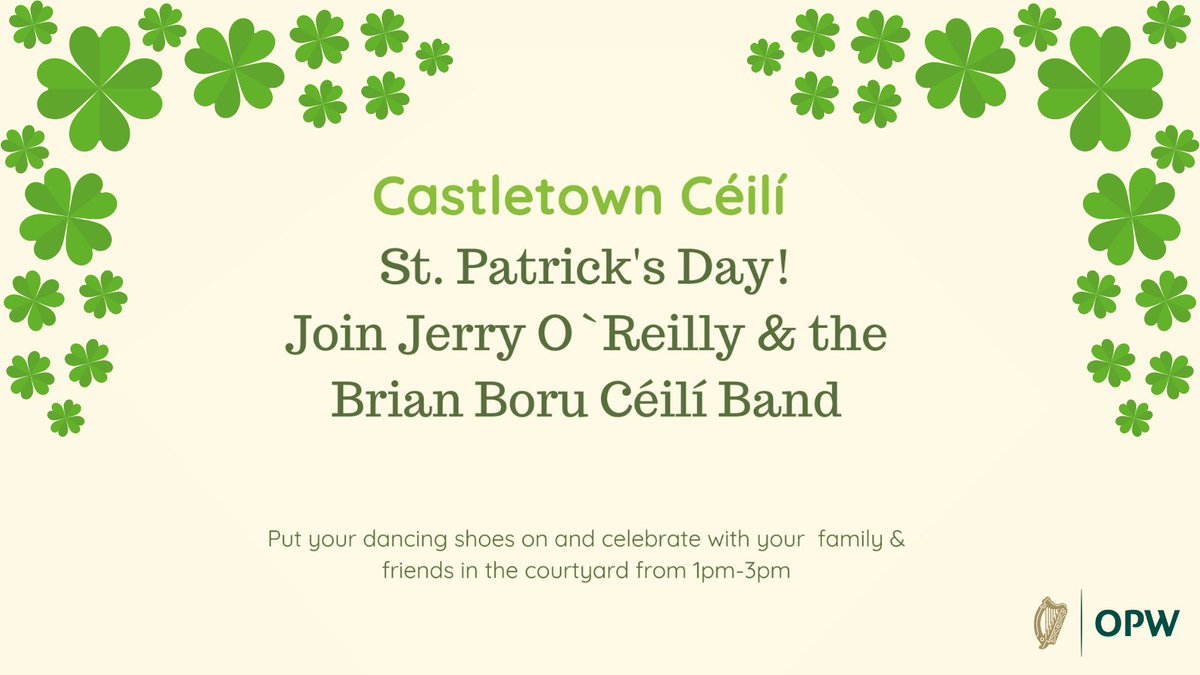 HeritageIreOPW's tweet photo. The annual St. Patrick’s Day Céilí in the Courtyard @castletownOPW  will take place between 1pm &amp; 3pm on March 17th. Free admission but be sure to bring your dancing shoes!

#Céilí #Castletownhouse #VisitKildare #StPatricksDay @opwireland https://t.co/5EsHMDN5ak