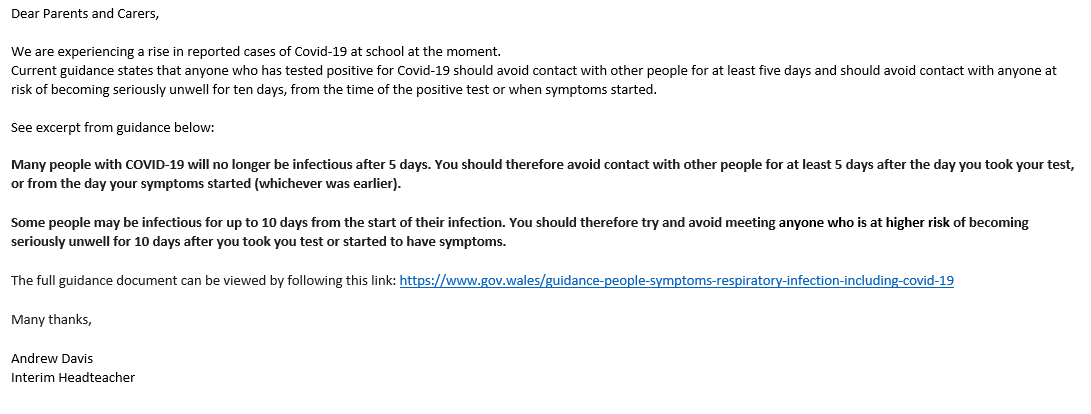 rhosstreet's tweet photo. Dear Parents and Carers, 

We are experiencing a rise in reported cases of Covid-19 at school at the moment. 
Please see message below outlining current Covid-19 guidance from Welsh Assembly Government.

Full guidance can bee viewed by following this link: https://t.co/mTe0sj83xr https://t.co/n93vg73eIO