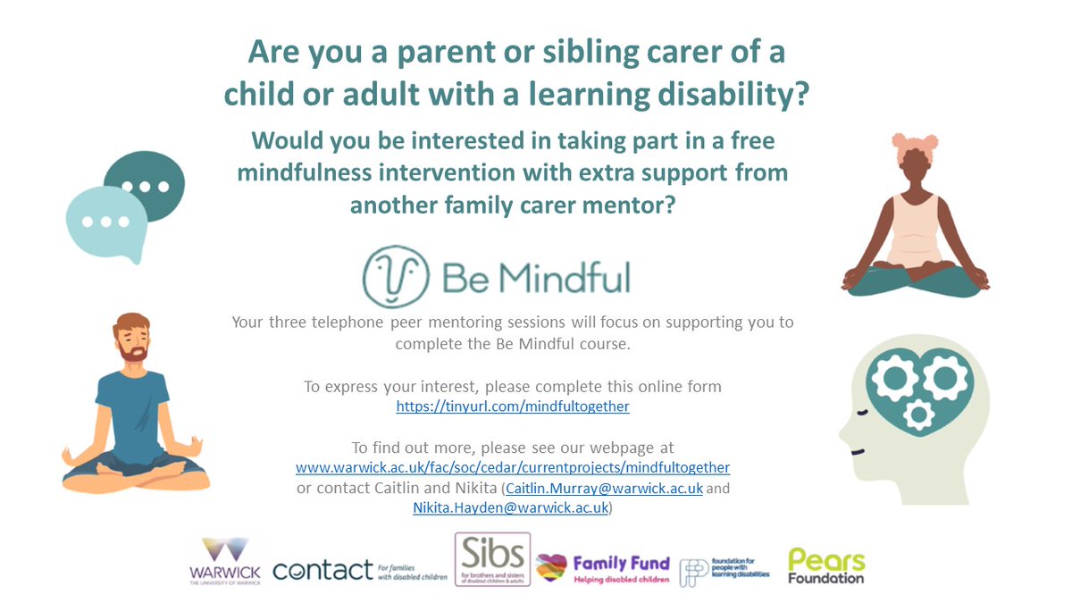 Family_RG1's tweet photo. Are you a parent or sibling carer of someone with a learning disability? We have 30 spaces available free of charge for an online mindfulness course plus three peer mentoring calls - follow this link to let us know if you’d like to take part: https://t.co/DYEgvfu4wZ https://t.co/SCfflpaemF