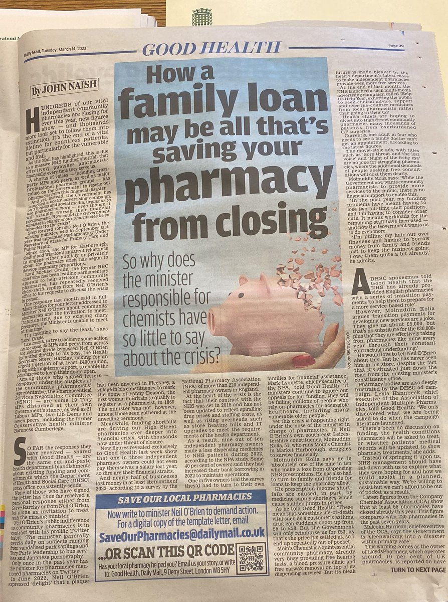 📰More coverage of our @APPGPharmacy campaign in the @DailyMailUK today, highlighting the financial crisis facing thousands of community pharmacies across the UK. 

🗣️Today I'll be joining over 50 MPs & national organisations to call for government to act now. #SaveOurPharmacies