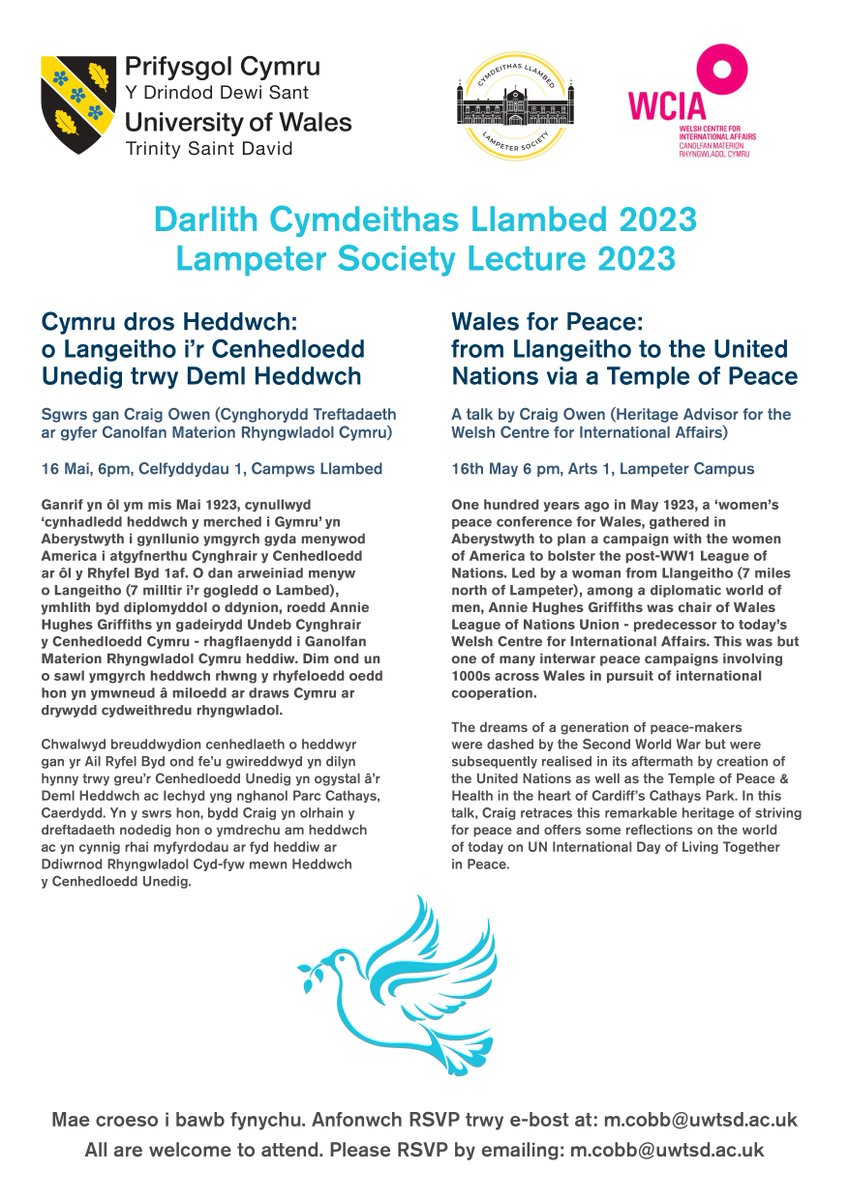 Lampeter@UWTSD (@uwtsdlampeter) on Twitter photo For the Lampeter Society lecture series (2023), Craig Owen will speak on: “Wales for Peace: from Llangeitho to the United Nations via a Temple of Peace”. All are welcome to attend. For details, see attached poster. Please email any requests to attend to: m.cobb@uwtsd.ac.uk For the Lampeter Society lecture series (2023), Craig Owen will speak on: “Wales for Peace: from Llangeitho to the United Nations via a Temple of Peace”. All are welcome to attend. For details, see attached poster. Please email any requests to attend to: m.cobb@uwtsd.ac.uk