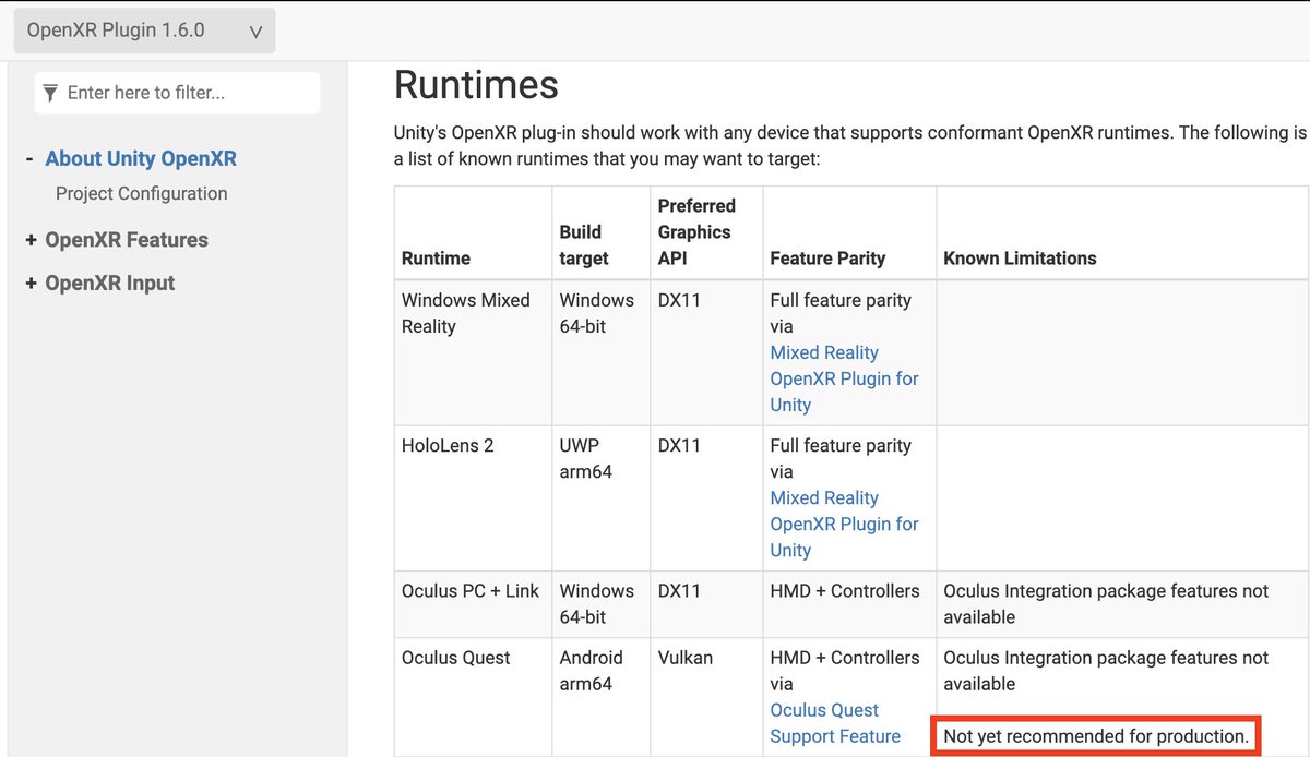 3tdara's tweet image. OpenXR Pluginがver1.7.0になって、Meta Questの
&quot;Not yet recommended for production.&quot;
がなくなってる！

docs.unity3d.com/Packages/com.u…

#Unity #OpenXR
