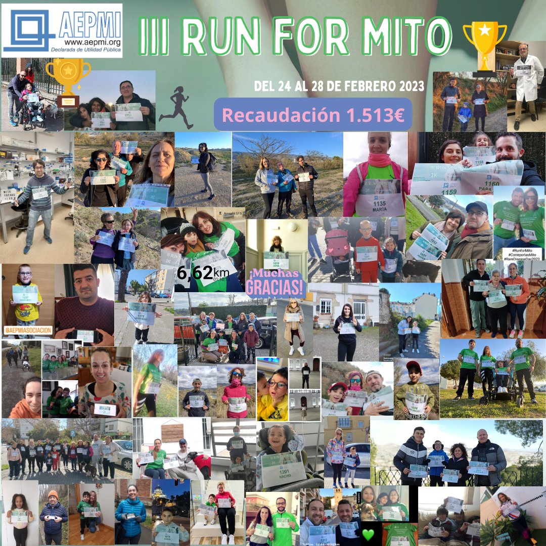 AEPMI's tweet photo. Gracias a todos los que participasteis en la III Run for Mito, hemos conseguido💫🏃‍♂️ 1.513€ de recaudación una vez restado el gasto de la gestión online de inscripciones #runformito #enfermedadesmitocondriales https://t.co/F7YQJHrLZt