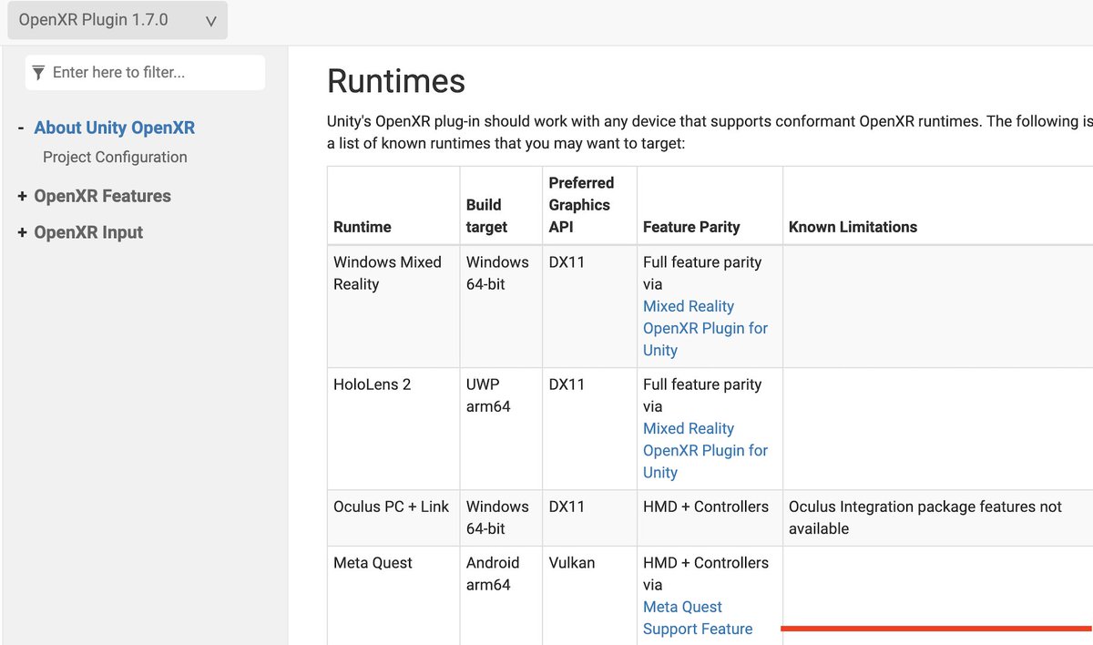 3tdara's tweet image. OpenXR Pluginがver1.7.0になって、Meta Questの
&quot;Not yet recommended for production.&quot;
がなくなってる！

docs.unity3d.com/Packages/com.u…

#Unity #OpenXR