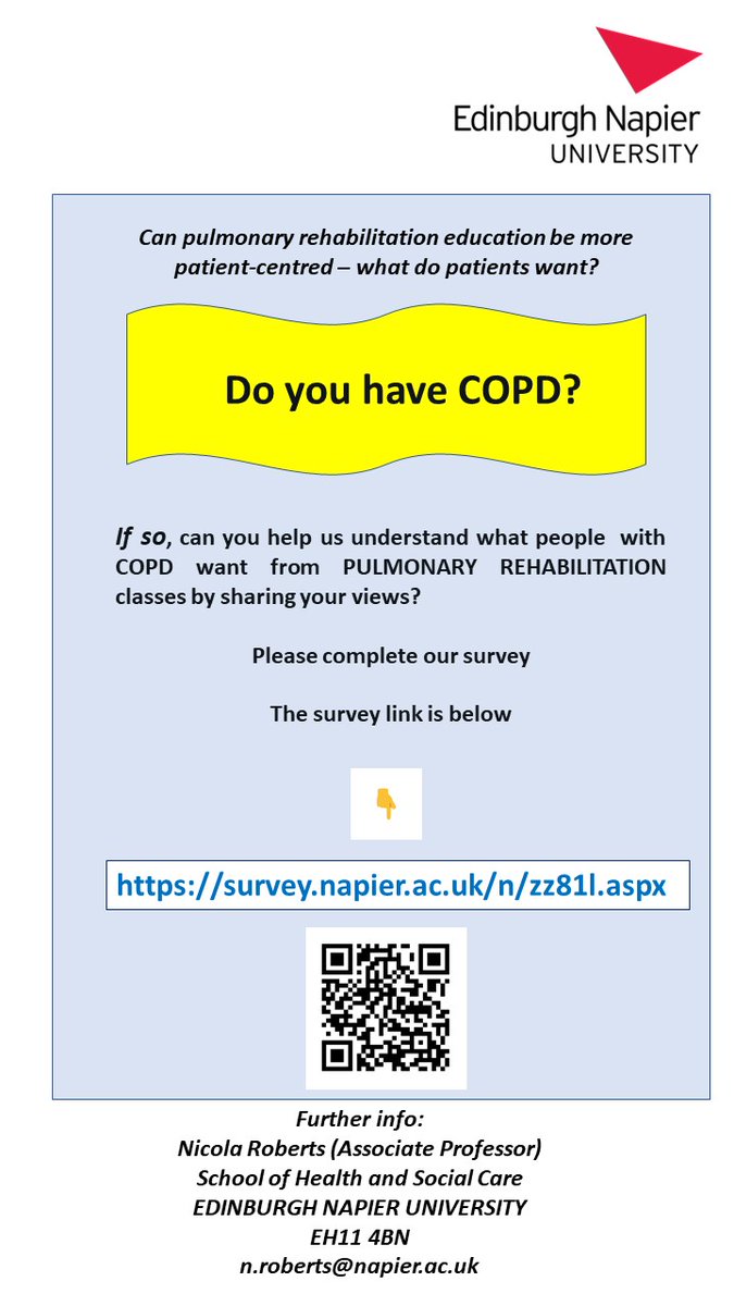 #NationalPRweek  #PulmonaryRehab #PRWeek2023 
#RespiratoryTherapists
     Could you help us understand what people with COPD want from PULMONARY REHABILITATION classes?  Please share with those with COPD. Survey link:    survey.napier.ac.uk/n/zz81l.aspx