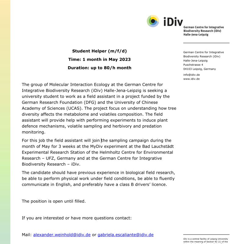 TreeDi1's tweet photo. The @TreeDi1 subproject “Biodiversity effects on leaf metabolomes” (P6G) led by @AlexWein_iDiv and Gabriela Escaliante is looking for a student helper (May 2023, up to 80 h /month) for fieldwork in the MyDiv tree diversity experiment (Bad Lauchstädt).
https://t.co/YQ3g6AY0S0 https://t.co/i6lUIlSLNU