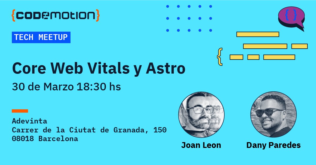 CodemoMadrid's tweet photo. Nuevo #MeetupCodemotion en Barcelona. El próximo 30 de Marzo vamos a hablar de #CoreWebVitals y #Astro. Performance FTW!! 🤩
🎙️@nucliweb &amp; @danywalls
🕡 18:30
🏛️ Adevinta
Más info y registro👉https://t.co/6KRZgJndtj #desarollo #devs #framework https://t.co/0Kdye73KbM