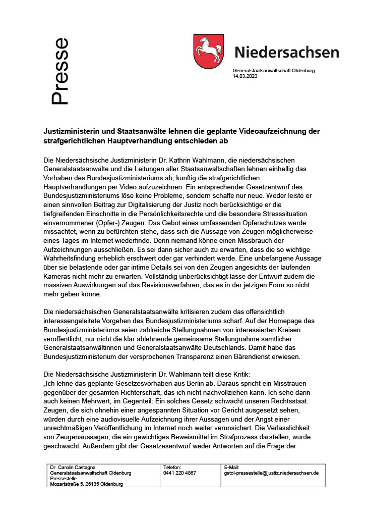 StA_Aurich's tweet photo. Die niedersächsische Justizministerin und die niedersächsischen Staatsanwaltschaften lehnen die geplante Videoaufzeichnung der strafgerichtlichen Hauptverhandlung ab. https://t.co/TbPrfgD3Wq