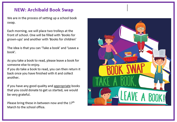 ArchibaldFirst's tweet photo. #AFSReads At Archibald we are passionate about reading and hope to involve our school community with our focus on reading for enjoyment.
Take a look at our new Book Swap plan and our current Book Club through Scholastic. https://t.co/qIki5Fsdn8